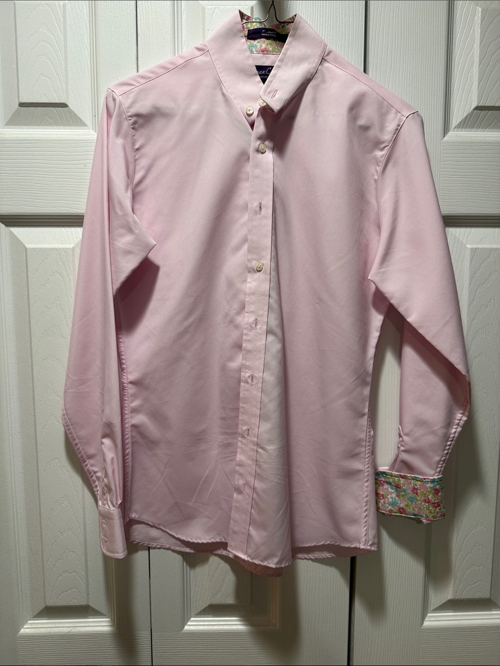 Men's Light Pink Button-Down Shirt with Floral Cuff - Unbranded